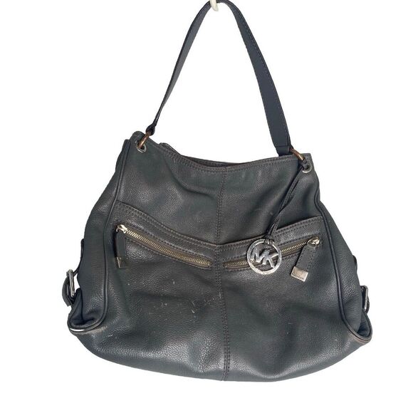 Michael Kors Hobo Shoulder Bag - Gray Gunmetal Pebbled Leather w/ MK Charm*Read- - Picture 1 of 16